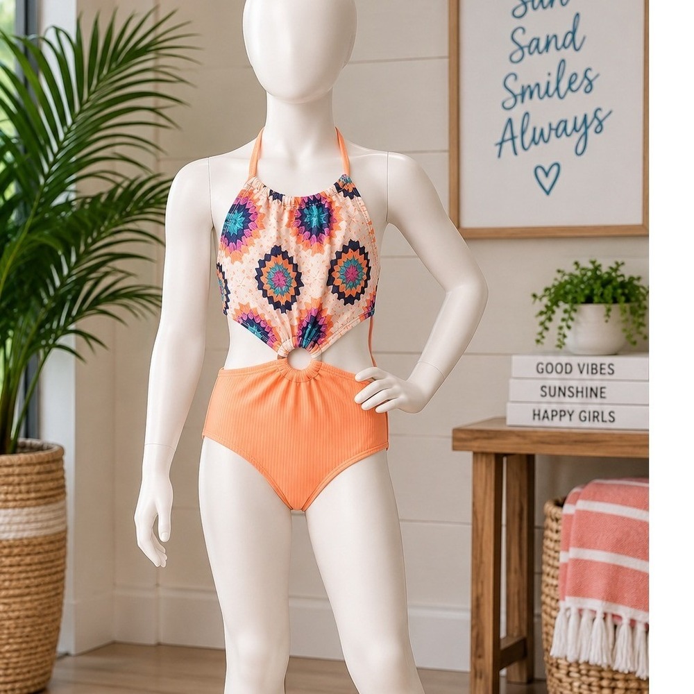 Justice Girls One Piece Swimsuit Coral Geometric UPF 50 NWT Size 12/14